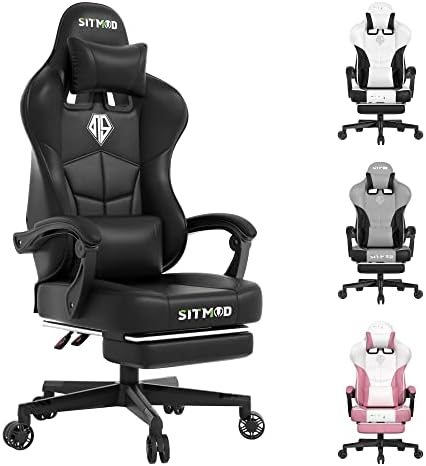 Video Gaming Chair with Footrest Big and Tall Ergonomic Computer Chair with Headrest and Massage Lumbar Support PU Leather Gamer Chair Height Adjustable Swivel Office Chair Black-SITMOD