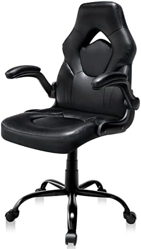 Office Chair, Comfortable Padded Armrests Gaming Chair Ergonomic Desk Chair PU Leather Computer Chair Executive Swivel Task Chair for Gaming Working Studying (Flip Up Arms, Black)