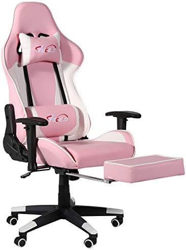 VECELO Computer Gaming High Back Ergonomic Adjustable Executive Swivel PC Racing Office Desk Chair with Headrest,Massager Lumbar Support,Retractible Footrest,Pink