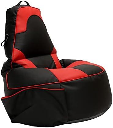 Factory Direct Partners 13928-BKRD SoftScape Floor Gaming Bean Bag Chair, Folding Back Video Game Seat with Pockets, Headphone Hanger & Handle; Filled with Shape-Retaining Foam Beads – Black/Red