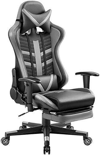 Homall Ergonomic High-Back Racing Chair | Leather Bucket Seat, Headrest, Footrest and Lumbar Support | Black & Gray