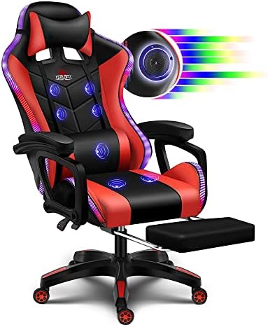 RGB Computer Chair with Massage and Footrest, Racing Gaming Chair with Speakers, Music Video Game Chair with Massage Lumbar Support and Headrest, Height Adjustable, for Office or Gaming. (Black+Red)